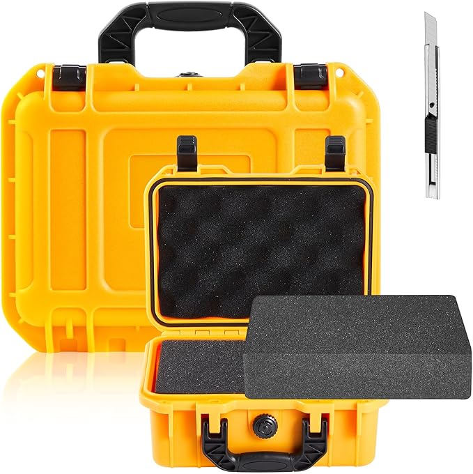 Relaxweex 1 Pcs Waterproof Hard Case with DIY Customizable Foam Insert Portable Protective Case with Knife for Camera Drones Equipments Tools Test Instruments(Yellow,14.3 x 11.4 x 4.5 Inch)