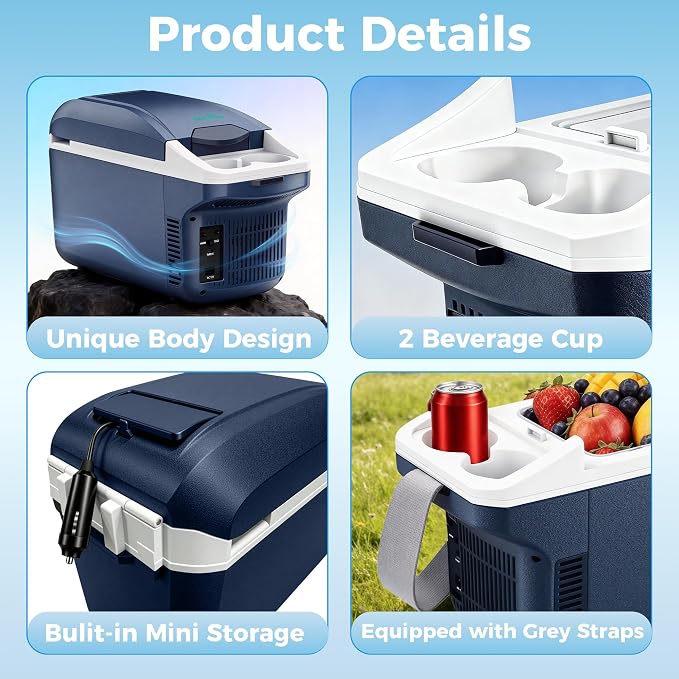 Iceblue Electric Cooler with Type-C, 8 Liter /11 Cans Mini Fridge with Belt, 9V Type-C Thermoelectric Dual-use Car Refrigerator, Car Fridge for Car, Dorm, Travel, Picnic, Gift (Blue)