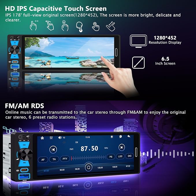 6.5" Single Din Touchscreen Radio with Wireless Apple CarPlay & Android Auto, FM/AM,Car Stereo with Bluetooth 5.2, 180W Audio, 20-Band EQ,USB/Type-C,Mirror Link,External Mic,8-LED Backup Camera,SWC