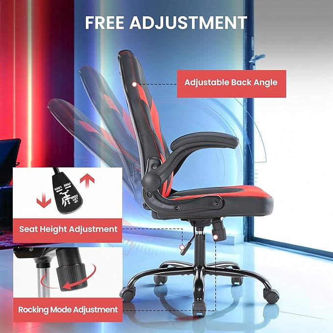 Ergonomic Gaming Desk Chair - Adjustable PU Leather Swivel Racing Chair with Flip-up Armrests for Home Office and Entertainment, Perfect for Adults, Kids, and Gamers, Black Red
