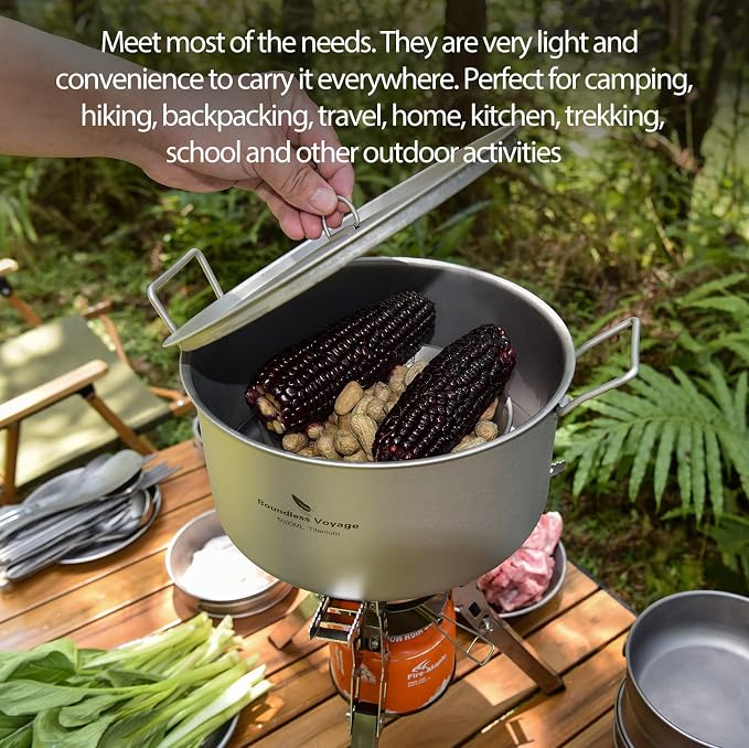 Boundless Voyage 5L Titanium Cooking Pot with Lid & Folding Handle Large Soup Pot for Outdoor Camping Hiking Picnic Home Kitchen Ultralight Cookware Ti2104C