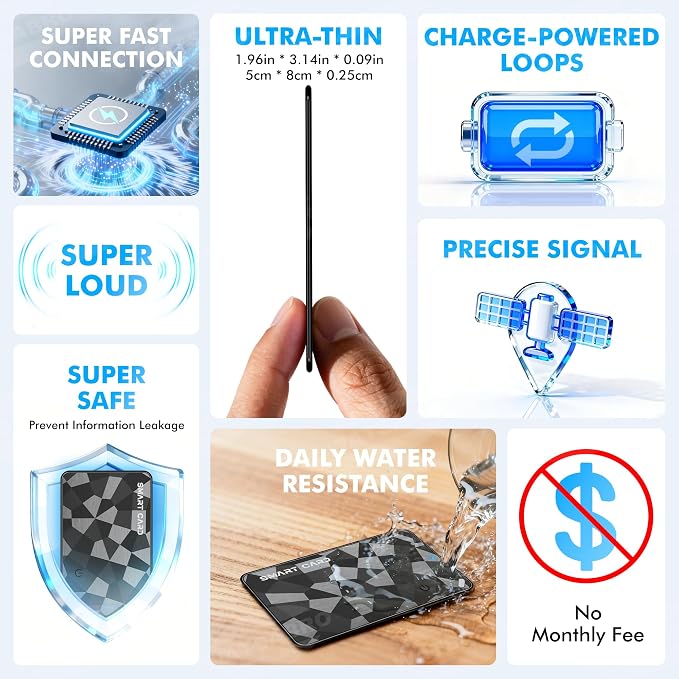 Wallet Tracker Card for iOS & Android, 6-13 Year Battery Slim Bluetooth Smart Card, Credit Card Size Smart GPS for Wallet Passport, Works with Apple Find My & Google Find Hub, Wireless Charging (2)
