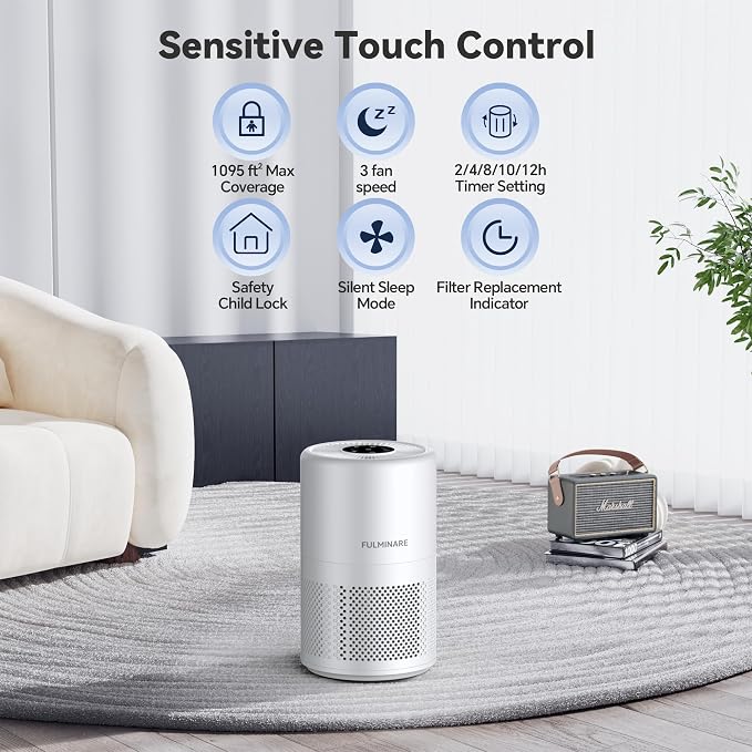 FULMINARE Air Purifiers for Home Bedroom 1095 Ft² Coverage HEPA Air Purifier for Large Room for Pets, Smoke, Kitchen, Office, 3 Speeds, Timer, Quiet, Auto Variable Frequency, Sleep Mode, White