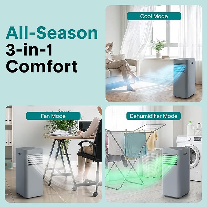 SereneLife Portable AC 8000 BTU, 3-in-1 Cooling, Dehumidifier And Fan Modes, Compact Standing Air Conditioner, Energy Efficient 300 Sq. Ft. Climate Control, Universal Castors And Window Mount Kit
