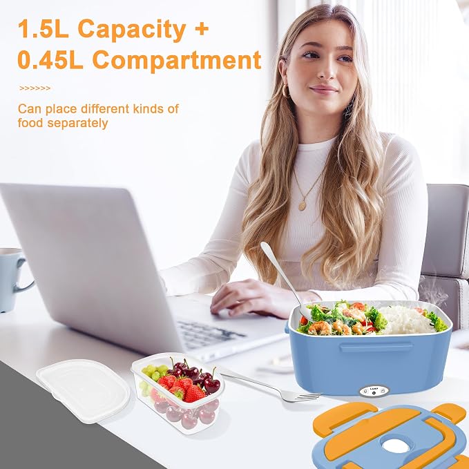 HOLDRUBY Heated Lunch Boxes for Adults, 80W Electric Lunch Box Food Heated 12/24/110V 1.5L Heatable Lunch Box for Car/Truck Leak-Proof Removable Stainless Steel Container, Fork & Spoon, Bag
