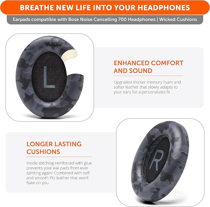 WC Wicked Cushions Upgraded Replacement Ear Pads for Bose 700 Noise Cancelling Headphones (NC700) - Softer PU Leather, Luxurious Memory Foam, Added Thickness, Extra Durable Ear Cushions | (Black Camo)