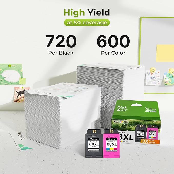 68XL Ink Cartridges Black Color Combo Pack for HP Ink 68 68XL 68e Replacement for HP 68XL 68 68e Ink Cartridges Compatible with Envy 6155e 6555e 6152e 6552e 6558e 6165e (2 Pack, 1 Black, 1 Tri-Color)