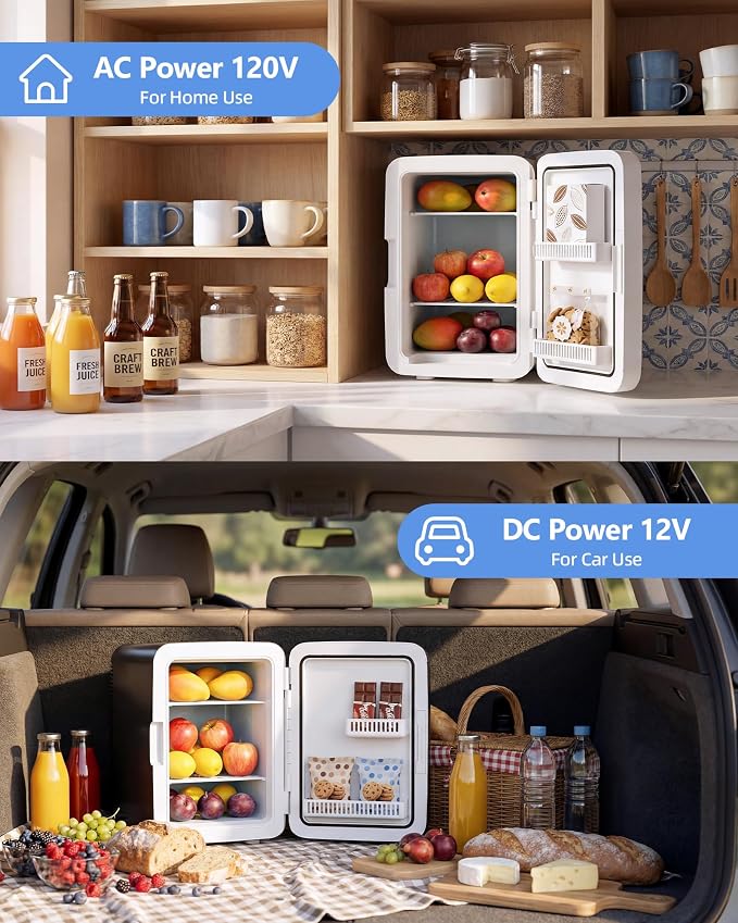 Electactic 10L Mini Fridge, Portable Compact Refrigerator, 2.6 Gal Skincare Cooler with AC/DC Adapter, Quiet Small Personal Fridge for Beverage, Food, Makeup, Bedroom, Office, Black