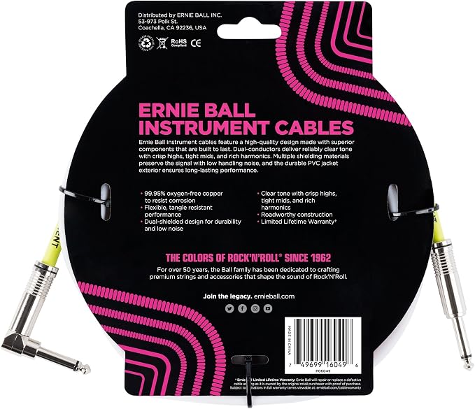 Ernie Ball Instrument Cable, Straight/Angle, 10ft, White (P06049)
