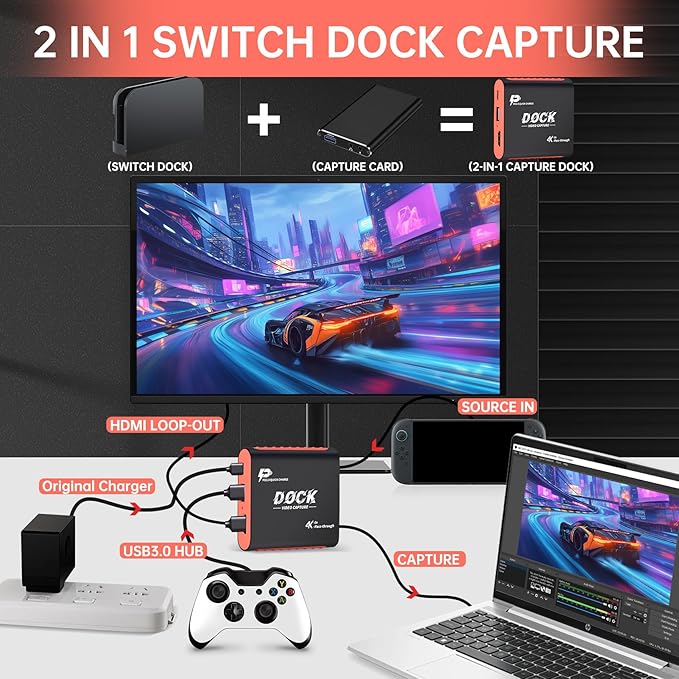 2-in-1 Switch 2 Dock with Capture Card for Nintendo Switch 2, Switch 1, OLED, Steam Deck, 1080P 60Hz for Streaming and Recording, Portable Travel Dock, 4K 30Hz HDMI Pass-Through, 100W PD Charging