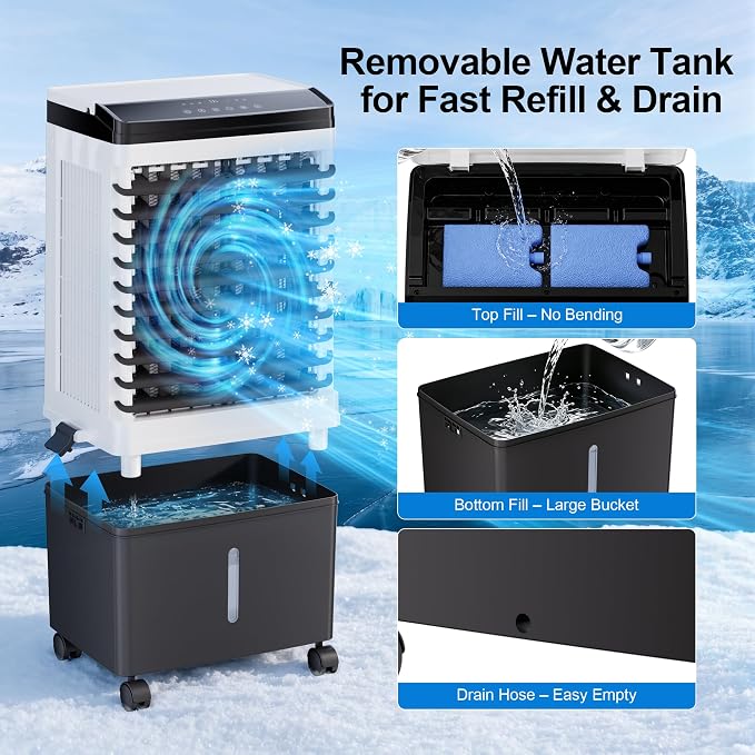 Uthfy 1800 CFM Swamp Cooler, 31" Evaporative Air Cooler with 5.3 Gal Detachable Water Tank, 120° Oscillation, 3 Speeds, Remote, 12H Timer, Portable AC for Bedroom Office Patio