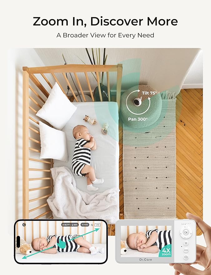 Dr.Care VistaView Lite RB Smart WiFi Baby Monitor - 4” 720P Split Screen & 1080P Camera App Control, Motion Alerts, 2500mAh Removable Battery, HD Night Vision, 2-Way Talk, Multi-User, Triple Security