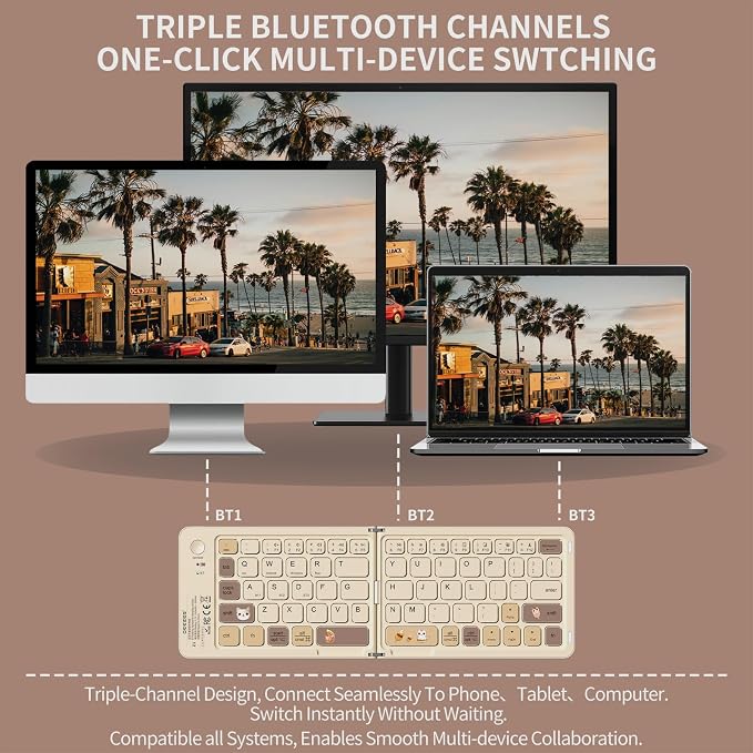 Foldable Bluetooth Keyboard with UV Printing Technology Rechargeable Keyboards,Compact Wireless Travel Keyboards for iPad, Smartphone, Tablet and Laptop - Z1 Milk Tea Colorful