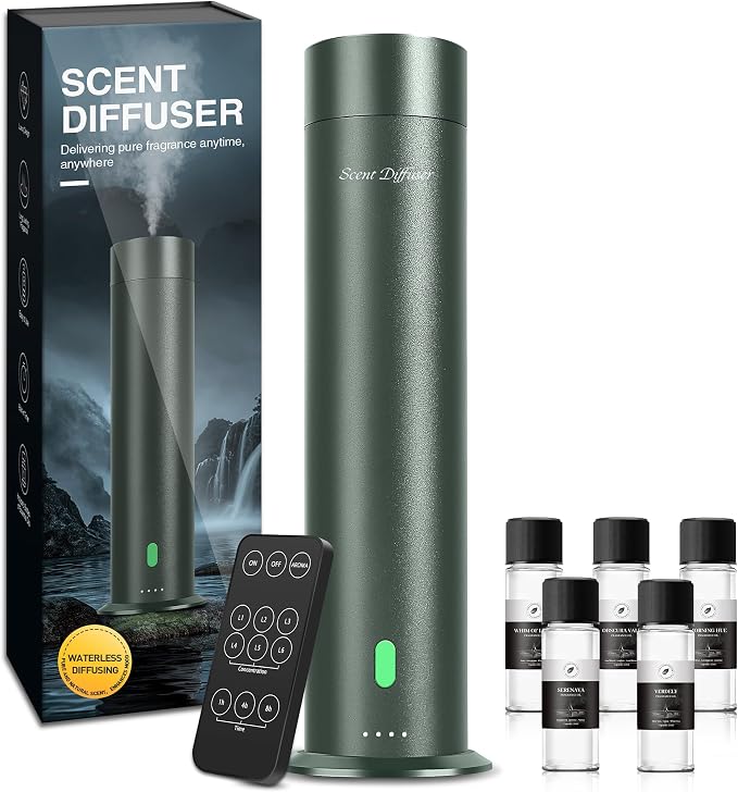 Waterless Scent Diffuser Starter Kit - 1000 Sq Ft Coverage, Hotel Scent Diffuser, Essential Oil Diffuser for Home & Large Room, Included 5 Scent Oils, Remote Control, SandGreen, 11In