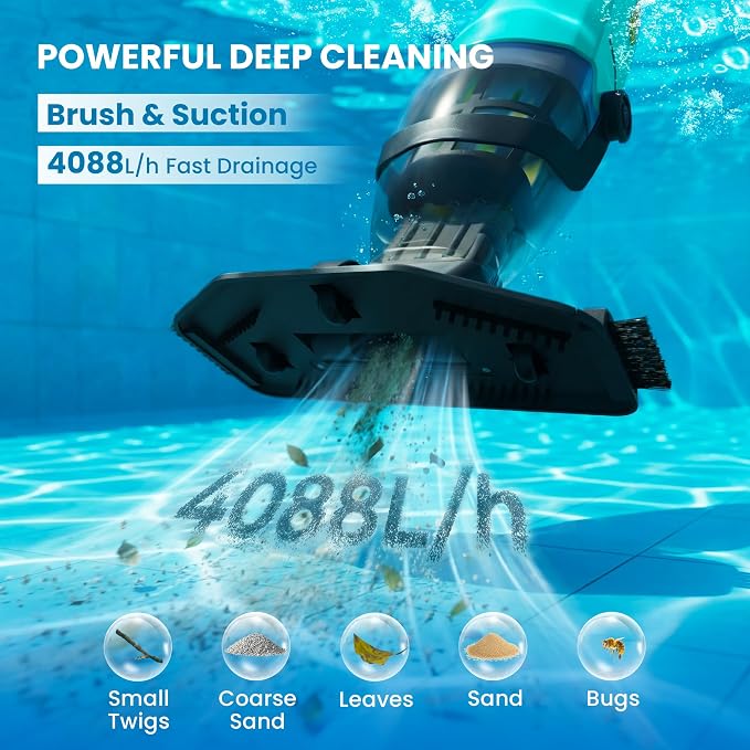 Cordless Pool Vacuum for Abound Pools & Hot Tubs, Removes Leaves Sand Debris, 18GPM Powerful Suction