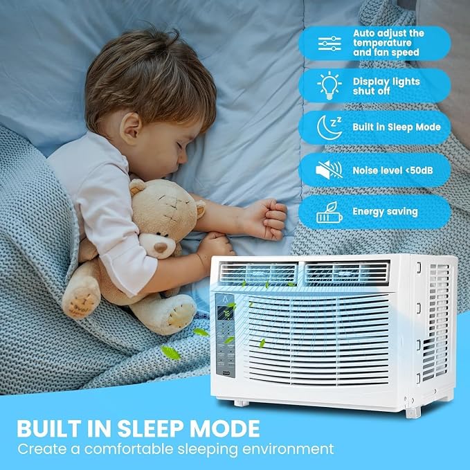 Window Air Conditioner 6,000 BTU with WiFi, Energy Saving Window AC Unit Cools Up to 250 Sq.Ft. with Remote & App Control & Timer, 115V Air Conditioner for Bedroom, Living Room, and Small Room
