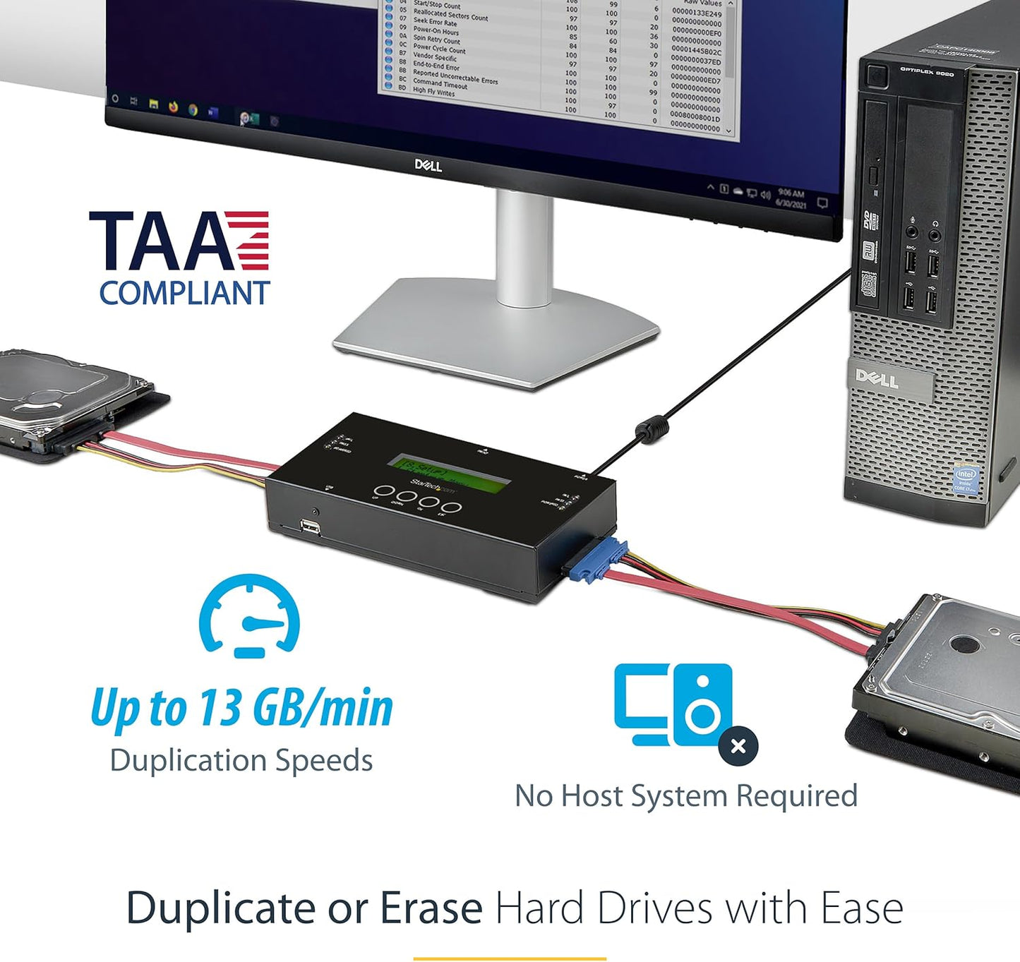 StarTech.com 1:1 Standalone Hard Drive Duplicator and Eraser, SAS/SATA HDD/SSD Cloner/Copier, Hard Drive Duplicator/Sanitizer, Harddisk/Harddrive Wiper, LCD, Toolless, TAA Compliant (SATSASDUPE11)
