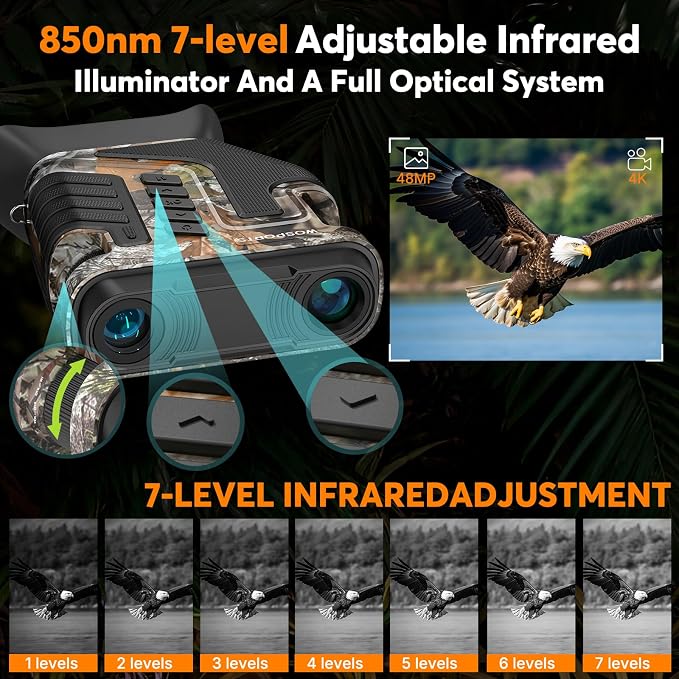 WOSPORTS 4K Night Vision Goggles– 10X Optical & 8X Digital Zoom, 64GB Card 1315FT Infrared Range, Rechargeable 5000mAh Battery, Ideal for Camping & Security – Camo