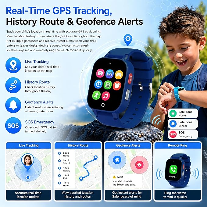 4G Kids Smart Watch with GPS Tracker, Video & Voice Call, SOS, WiFi, IP68 Waterproof, AI Smart Features, Parental Control Phone Watch for Boys Girls Age 4-12(SIM Card Included)