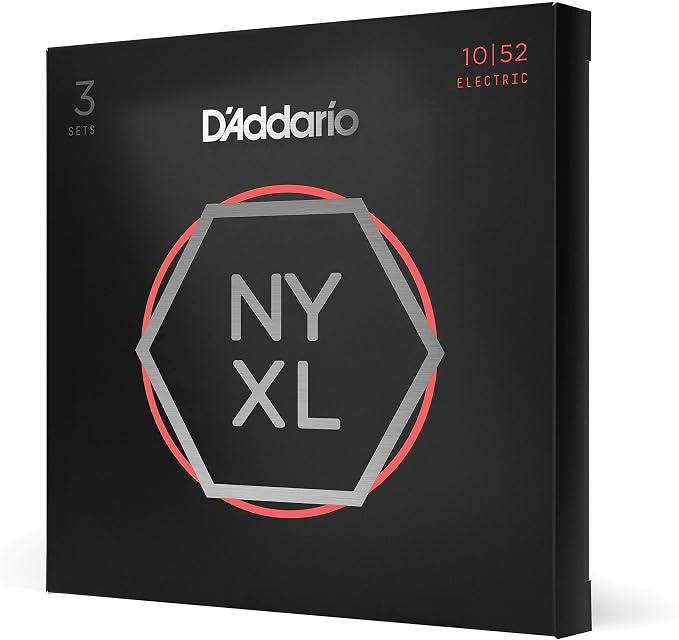D'Addario Electric Guitar Strings, NYXL Nickel Plated, NYXL1052-3P, Light Top/Heavy Bottom Gauge 10-52, 6-String Set, Pack of 3
