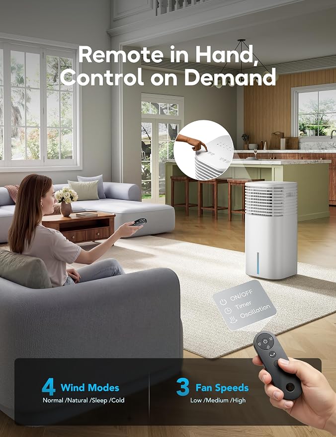 Windowless Portable Air Conditioner, 24.4" Small Evaporative Air Cooler for Room No Window, 3-Speed Settings, 4 Modes, 7H Timer, Remote Control, 4 Ice Packs, Quiet AC Unit for Bedroom, White