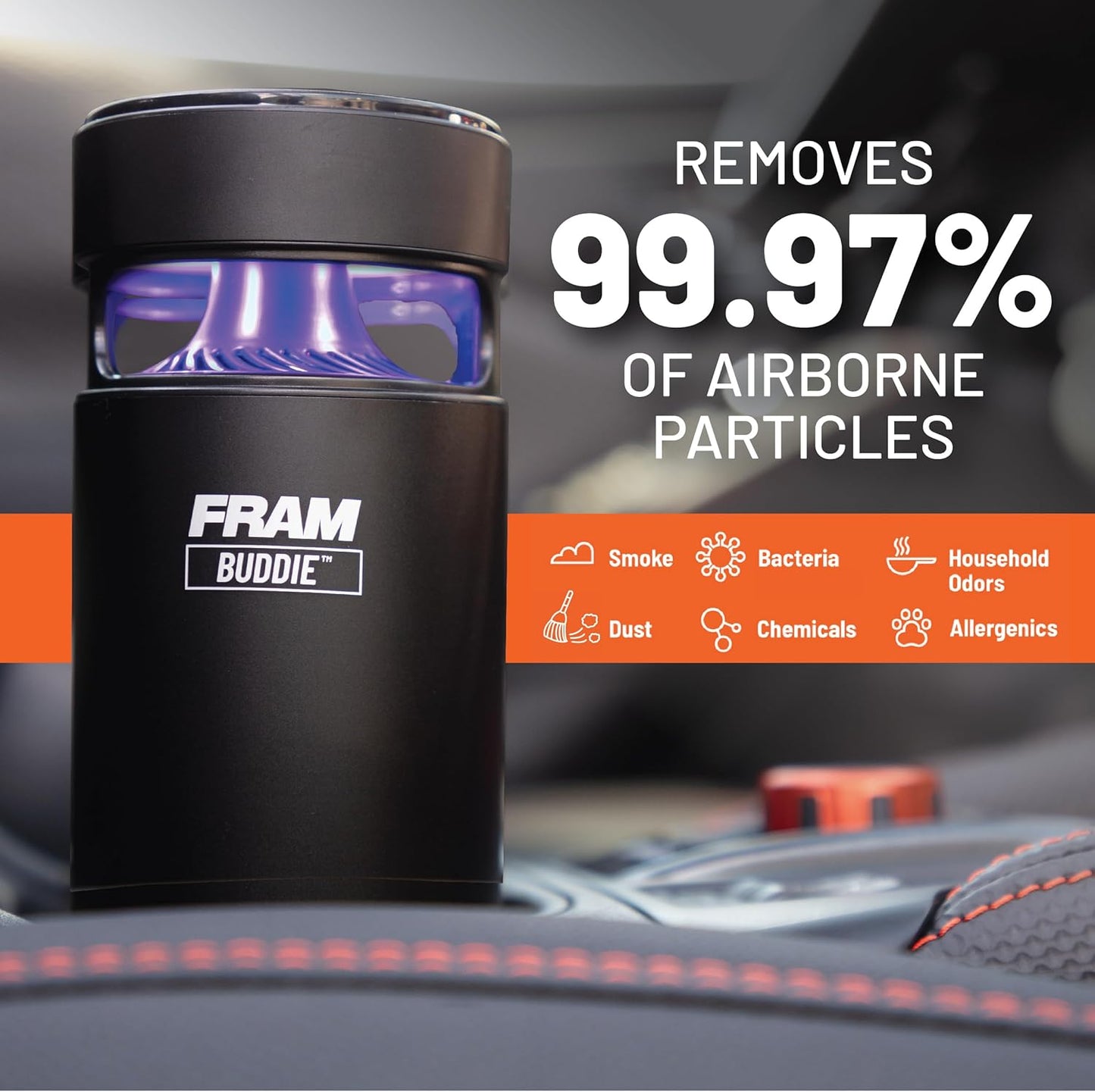 FRAM Buddie HEPA Air Purifier H13 Filtration & UV-C LED Sanitization, Cable-Free Rechargeable Portable Air Purifier for Home, Car & Work, Eliminates 99.97% of Dust, Smoke & Other Pollutants | CAP30200