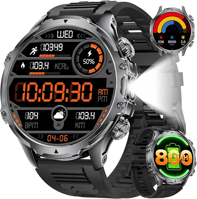 SUNKTA Smart Watch for Men,1.85" HD/800mAh Battery Smart Watches with LED Flashlight (Bluetooth Call Answer/Calls) Fitness Tracker with Heart Rate/Sleep Tracking/Blood Oxygen for Android iOS Black