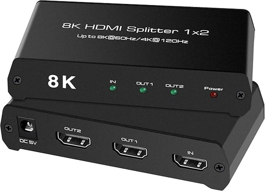 8K@60Hz HDMI Splitter 1 in 2 Out-Mirror Only(Not Support Extended Mode), 4K@120Hz HDMI Splitter for 48Gbps Ultra HD, HDCP 2.3, HDR10+, Dol-by Vision, Compatible with PS5, No Signal Loss, Zero Lag