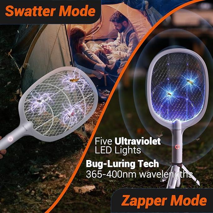 YsChois Electric Fly Swatter Racket, Rechargeable Fly Zapper - 4000 Volt, Exclusive 2-in-1 Bug Zapper Racket - USB Charging, 1800mAh Li-Battery, Indoor & Outdoor Use, White