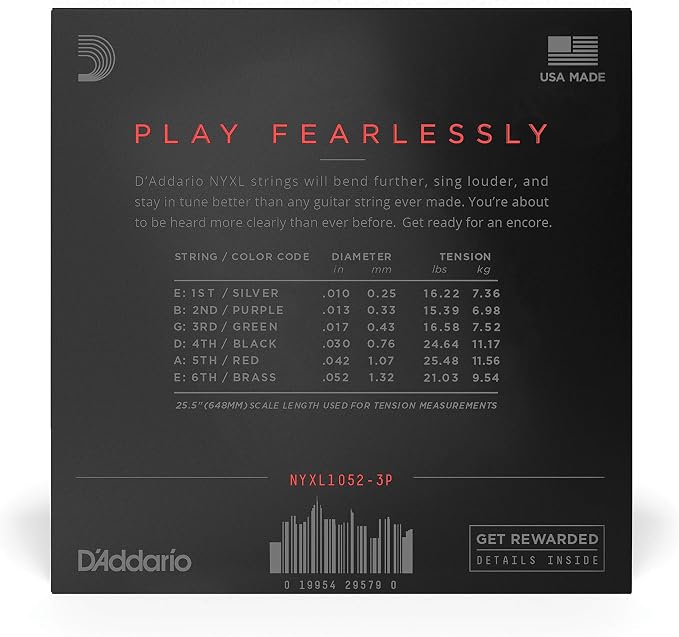 D'Addario Electric Guitar Strings, NYXL Nickel Plated, NYXL1052-3P, Light Top/Heavy Bottom Gauge 10-52, 6-String Set, Pack of 3