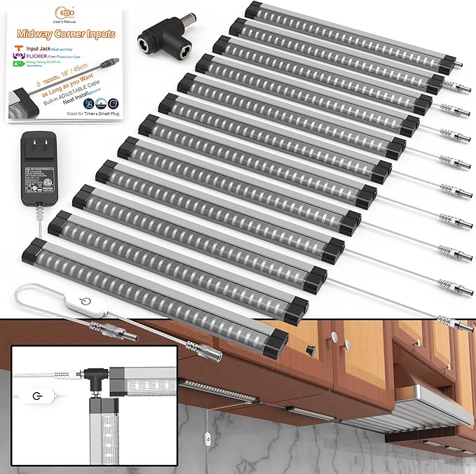 EBD Under Cabinet Lights Plug in or Hardwired, 12 Pcs 12 Inch No Messy Wires Built-in Adjustable Cable LED Light, T-Connector Counter Lighting for Smart Plug Kitchen Home Office 3000K 5400Lm 5 Cables