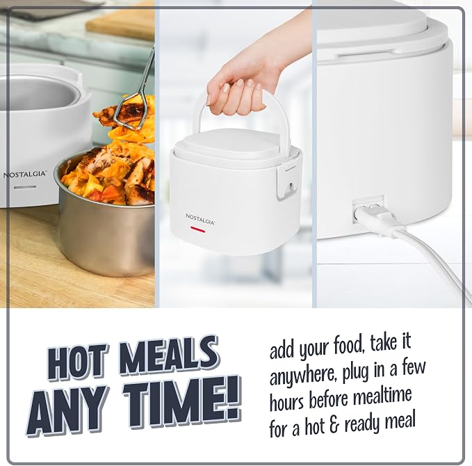 Nostalgia Portable Heated Lunch Box – 2.5-Cup Stainless Steel Food Warmer – Detachable Cord, Leak-Proof Lid, Carry Handle – Portable for Work & Travel – Frosted White