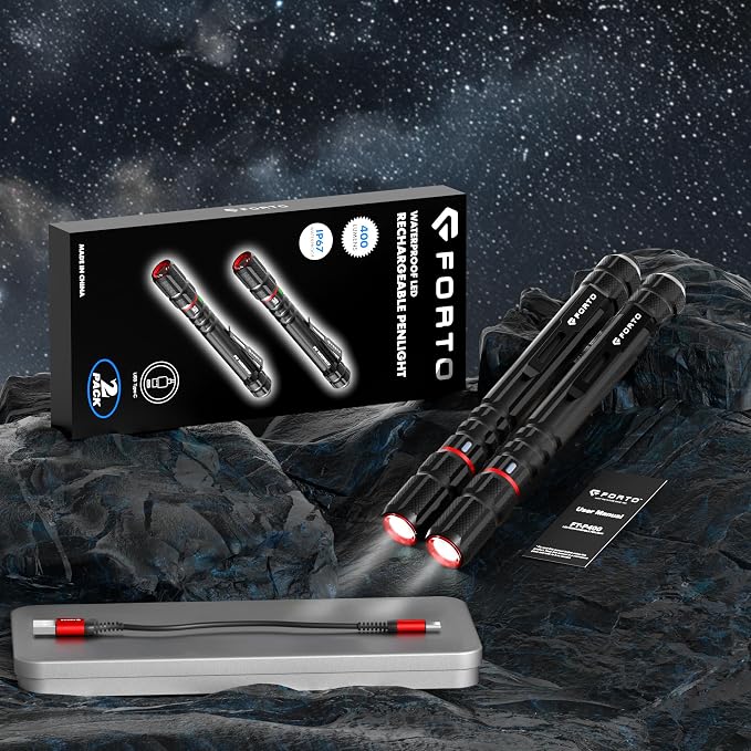 FORTO Rechargeable Pen Light Flashlight, 400 Lumens Small Pocket Flashlight with Clip, IP67 Waterproof, 2 Light Modes, 3-Color Battery Indicator, Type-C Charging, for Inspection,Emergency（2 Pack）