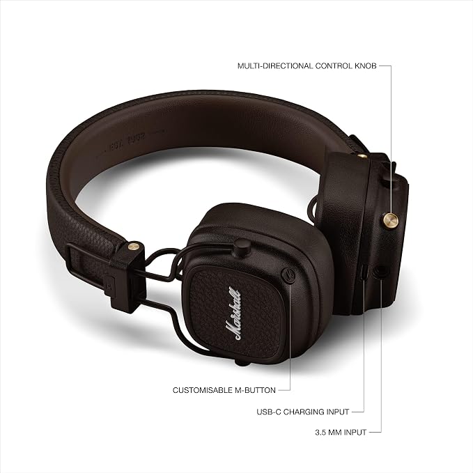 Marshall Major V Wireless On-Ear Bluetooth Headphones - 100+ Hr Playtime | Detachable Audio Cable | Microphone for Calls | Lightweight, Foldable Design for Travel - Brown