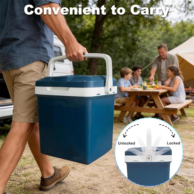 Iceblue Electric Cooler, 26 Liters/28 Cans Mini Fridge with Automatic Locking Handle, 120V AC Home Power Cord & 12V Car Adapter Car Refrigerator, Car Fridge for Home, Car, Gift (Blue)