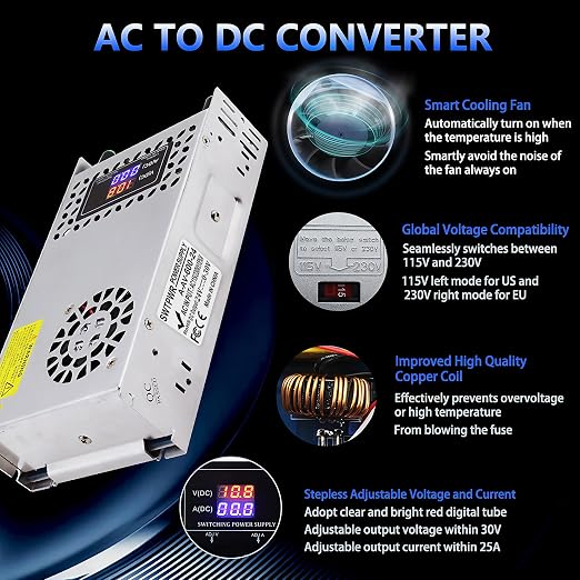 Adjustable Power Supply DC 0-24V 0-25A 600W with LED Display 24V Power Supply Variable AC to DC Converter 110V to 24V Designed for LED Light Car Stereo Electronics (24V-25A-600W, DC24V)