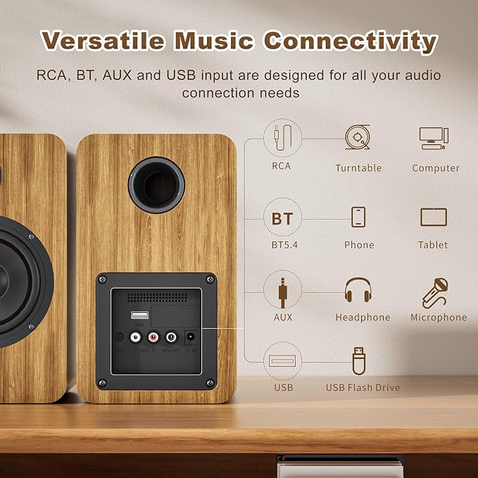 Active Bookshelf Speakers, 60W Powered Record Player Speakers with 3.5 Inch Woofer, Turntable Speakers with AUX/RCA/BT Input, Home Stereo Speakers Wired for Vinyl Player Desktop PC