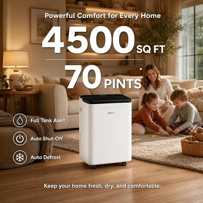 AIRPLUS 70 Pints Dehumidifiers for Home, 5500 Sq. Ft Dehumidifier for Basement with Drain Hose, Continuous Drainage, Intelligent Humidistat, Dehumidifier for bathroom, bedroom, Large Room, 2007