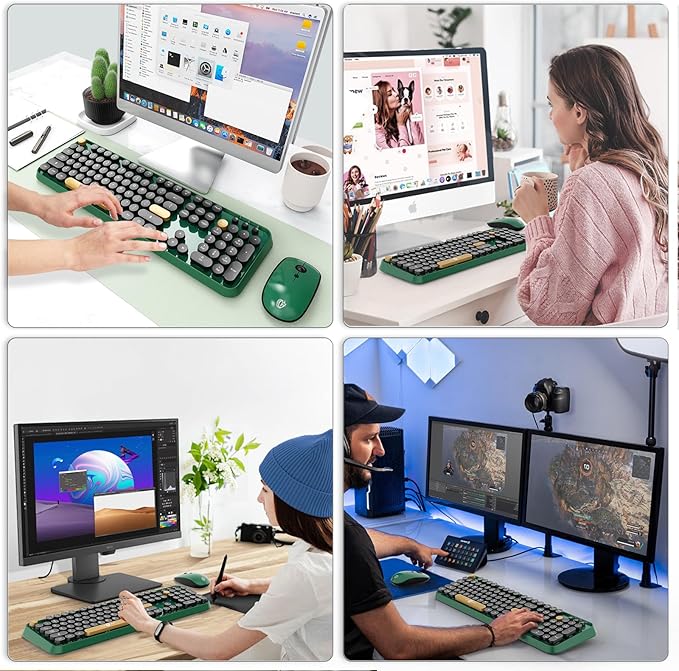 Wireless Keyboard and Mouse Combo Cute Colorful Keyboard and Mouse, Retro Typewriter Keyboard with 2.4GHz Plug & Play, for Windows 11/10/7, Laptop, PC (Dark Green)
