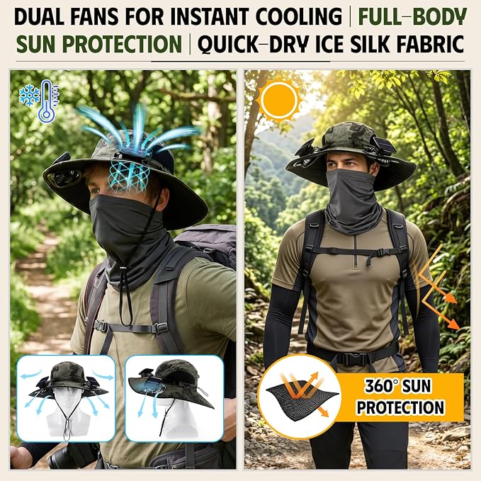 Syhood Solar Powered Fan Hat Neck Gaiter Arm Sleeves Sun Bucket Hat with Fan Cooling Wide Brim Hats for Fishing Hiking