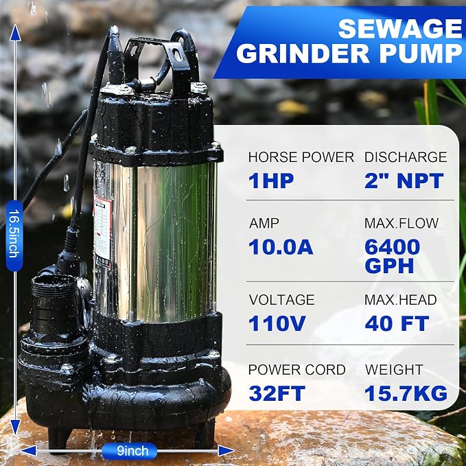 1 HP Sewage Grinder Pump, 115V Grinder sump pump, Stainless Steel, Automatic Float Switch, Cast Iron Impeller, 2'' Npt Discharge, Sewage Pumps for Basement, Sump Basin, Sewage Well