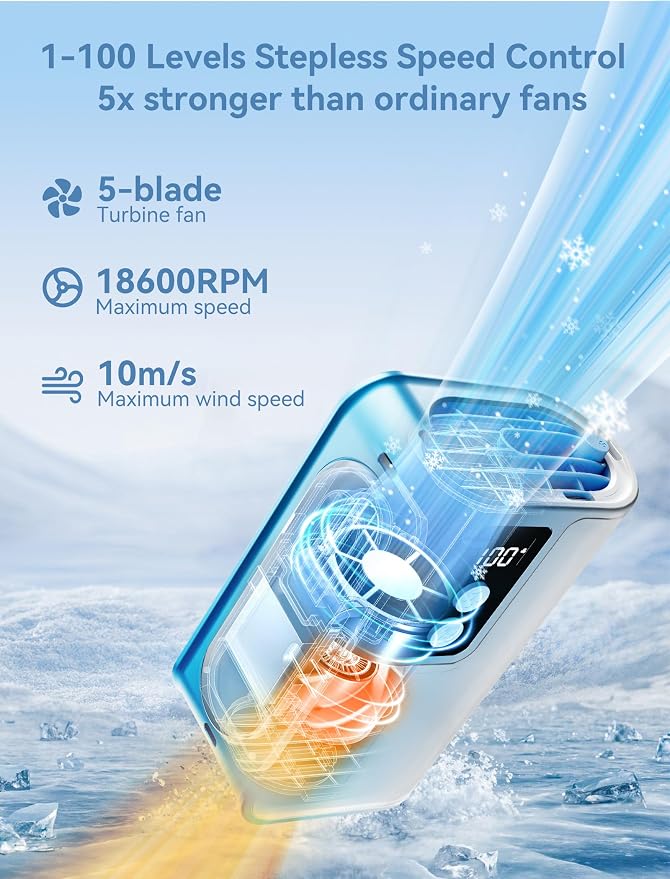 Sunoony Portable Handheld Fan with Ice Cooler, 4000mAh 100Levels Stepless Speed, 20H Long Battery Life, 20000RPM Turbo Fan Rechargeable Personal Mini Fan for Travel, Outdoor, Makeup (Blue)