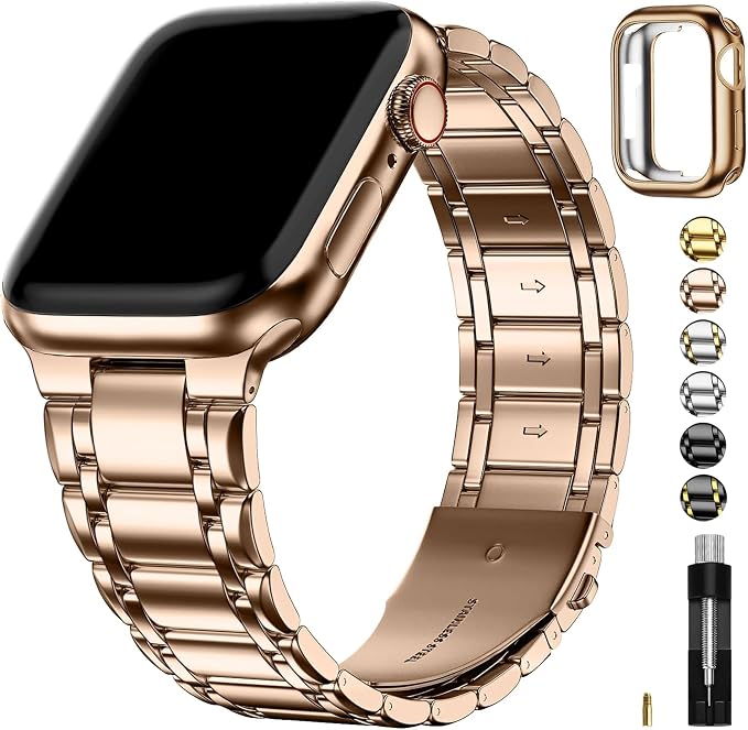 Fullmosa Bands Compatible with Apple Watch Band 45mm 44mm 42mm 41mm 40mm 38mm 46mm 49mm , Stainless Steel iWatch Band with Case for Apple Watch Series 11 10 9 8 7 6 5 4 3 2 1 SE3/2/1 Ultra3/2/1, Rose Gold