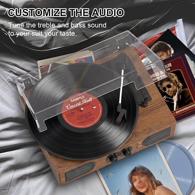 Vinyl Record Player with Built-in Stereo Speakers, 3-Speed Belt-Drive Turntable, Treble & Bass Control, RCA-Out/AUX-in, 3.5mm Headphone Jack—Vintage LP Player for Home & Gifts, Walnut