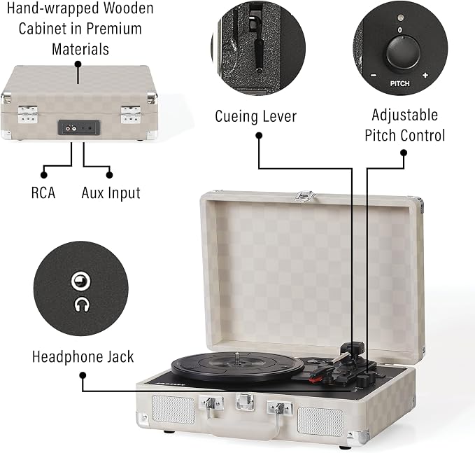 Crosley CR8005F-AC Cruiser Plus Vintage 3-Speed Bluetooth in/Out Suitcase Vinyl Record Player Turntable, Almond Checkerboard