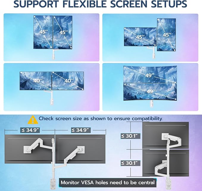 ARES WING Dual Monitor Wall Mount for 17-49 Inch Ultrawide Screens, Heavy Duty Wall Mount Monitor Arm Holds 44 lbs Each, Fully Adjustable Gas Spring Monitor Arm, 75x75/100x100 VESA Mount, White