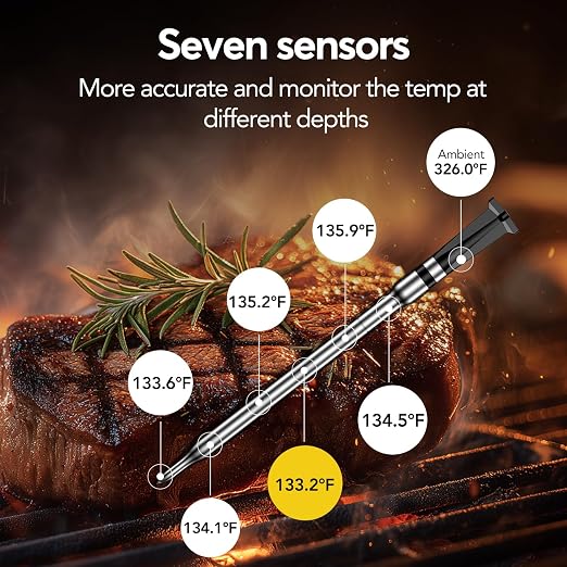 BBQOVN Smart WiFi Wireless Meat Thermometer, Sub-1G Long Range 1000FT, 7 NIST Certified Sensors in 1 Thinner Probe ±0.5℉ Accuracy, Standalone Base with App (Dark Gray) | Unlimited Range Sub-1G IP68 Waterproof Large Magnetic Base Display for Grill, Smok...