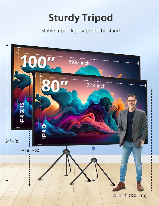 Projector Screen with Stand, Paris RHÔNE 80-inch Outdoor Indoor Projector Screen 16:9 4K HD PVC, 1.5 Gain Portable Wrinkle-Free Movie Screen for Home Backyard Theater with Carry Bag, Ground Nails