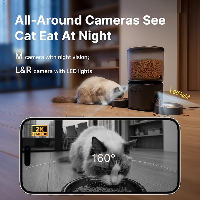 Automatic Cat Feeder for 2 Cats with 3 Camera: 5G WiFi Auto Pet Feeder Dual Stainless Steel Bowls, 1080P HD Night Vision Remote App Control Timed Dispenser 1-10 Meals for Multi-Cat Households