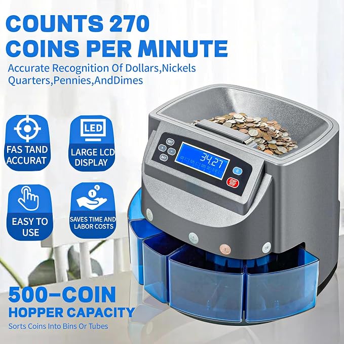 Coin Counter Machine, Coin Sorter Machine with LCD Display, 500 Coins Capacity Automatic Coin Sorter and Wrapper Machine, Change Counter for USD Coin 1￠ 5￠ 10￠ 25￠ $1, Sorts up to 270 Coins/min